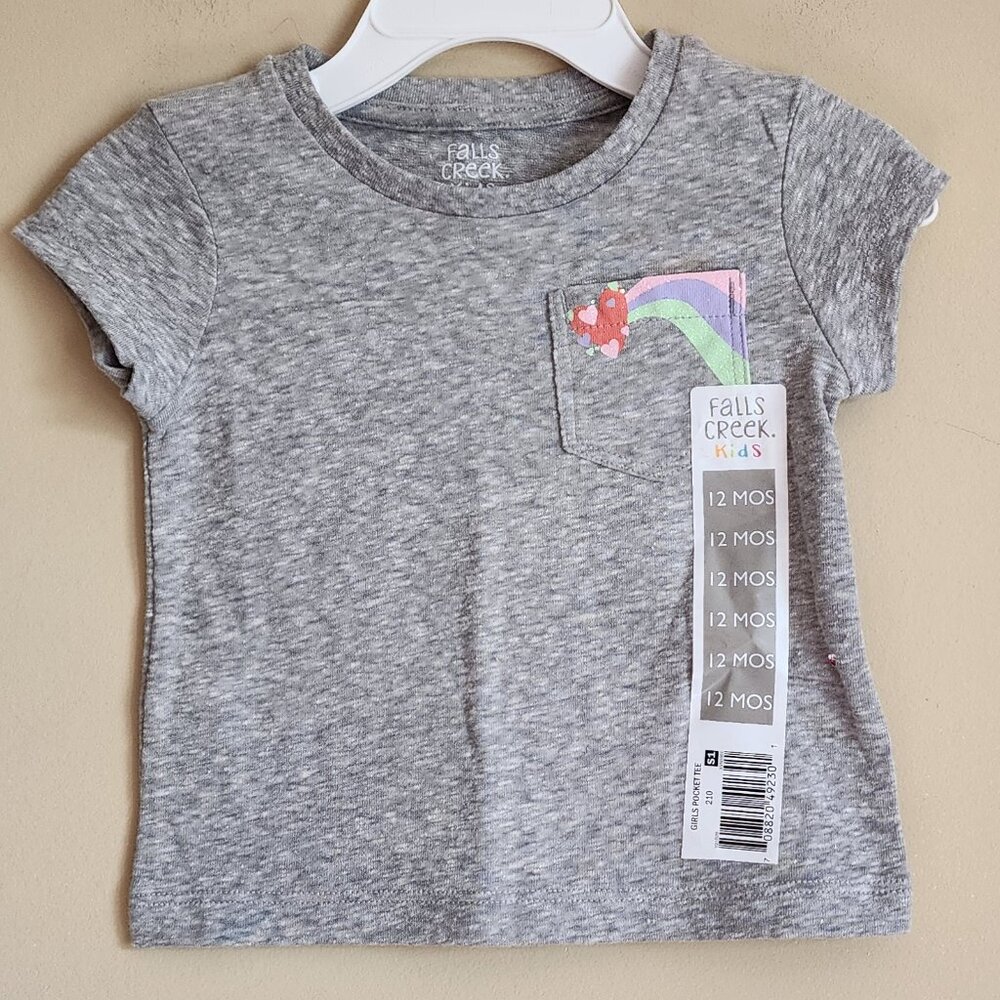 Falls Creek Gray T-Shrit With Hearts Rainbow Front Pocket. Size 12 Months NWT